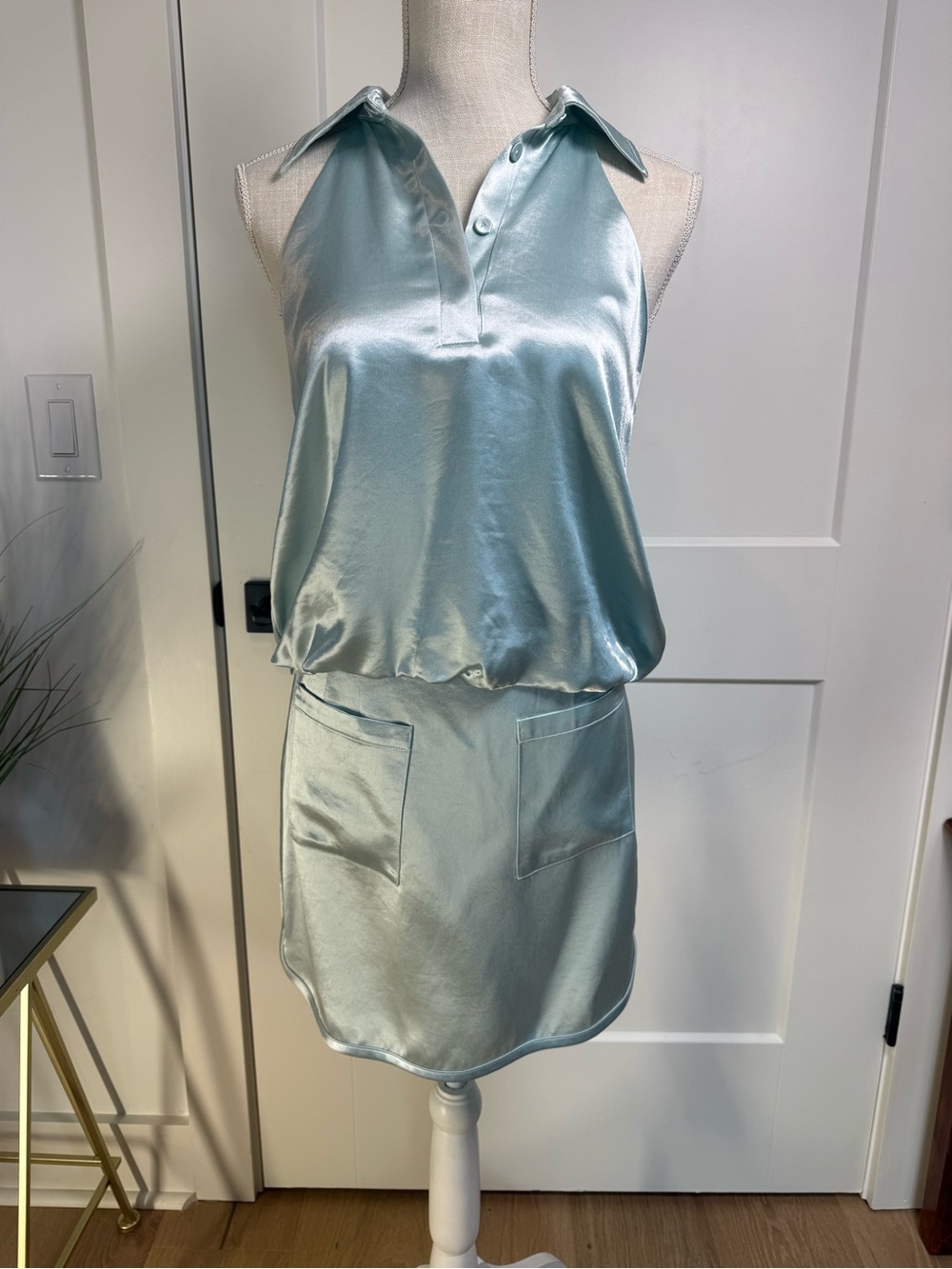 CIEBON Satin Halter Mini Dress Ice Blue Collared Sleeveless XS
